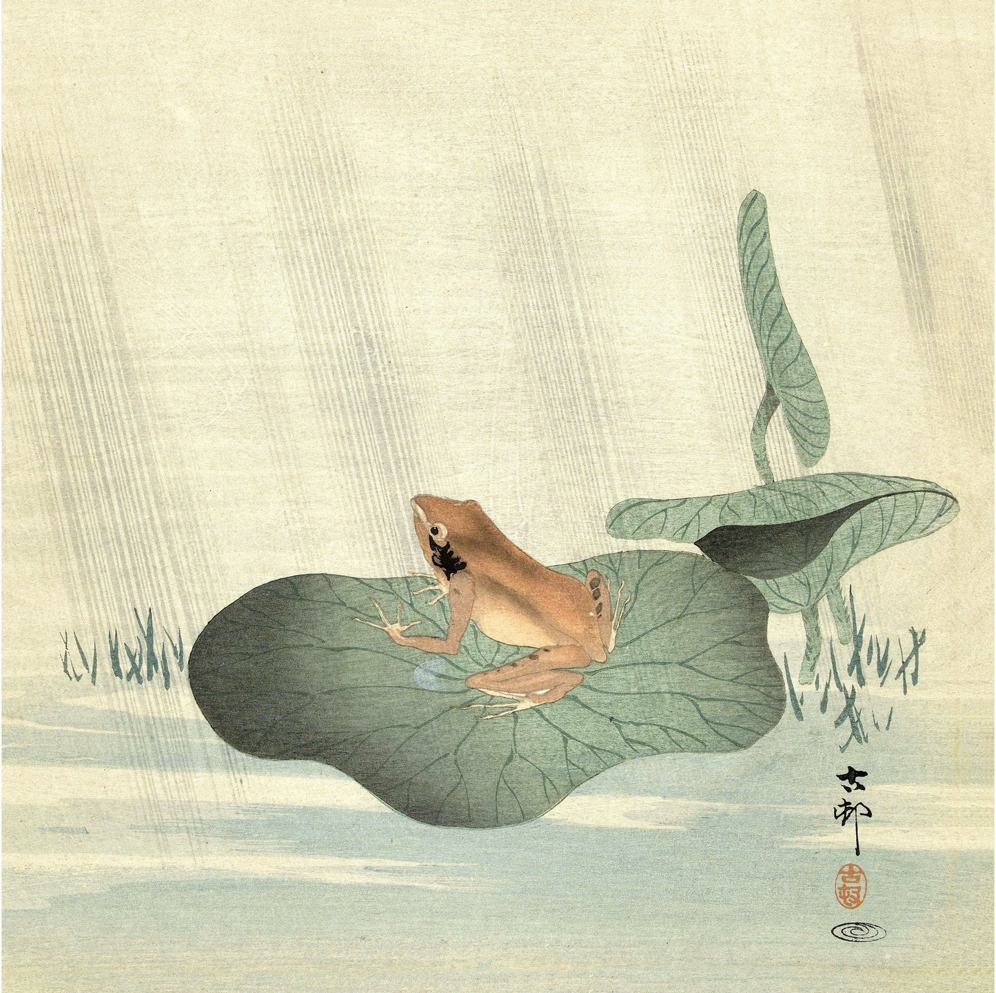 A color woodcut fine art print featuring a frog sitting on a lotus leaf, with a background suggesting a water scene. (whitespace trimmed)