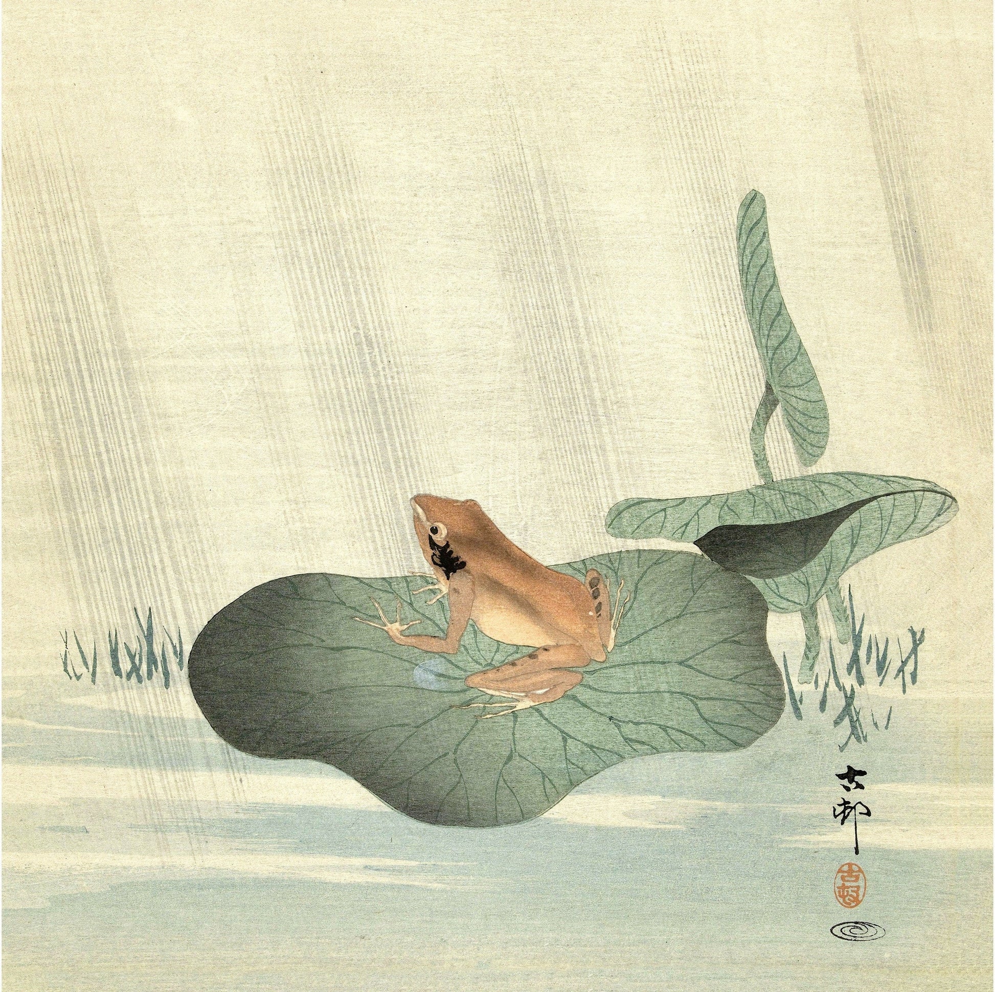 A color woodcut fine art print featuring a frog sitting on a lotus leaf, with a background suggesting a water scene. (whitespace trimmed)