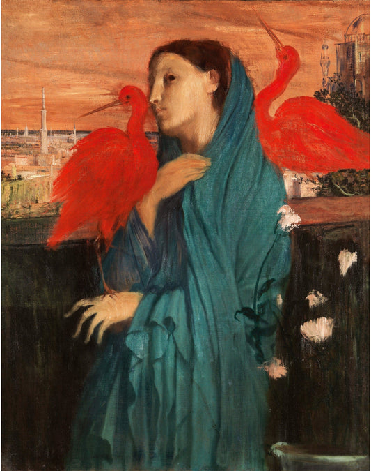 Young woman with Ibis panting | Vintage bird art | Female portrait wall art | Edgar Degas | Nature goddess | Colorful print | French artist (whitespace trimmed)
