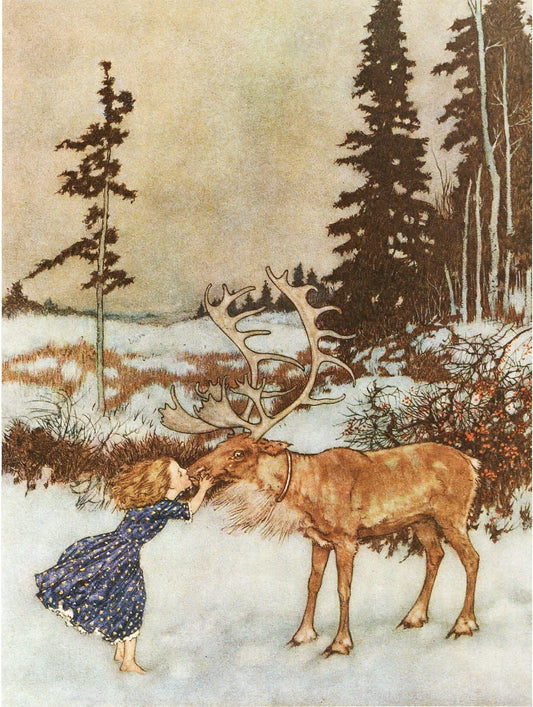 A book illustration featuring a girl kissing a reindeer on the cheek, with a Christmas woodland backdrop. (whitespace trimmed)