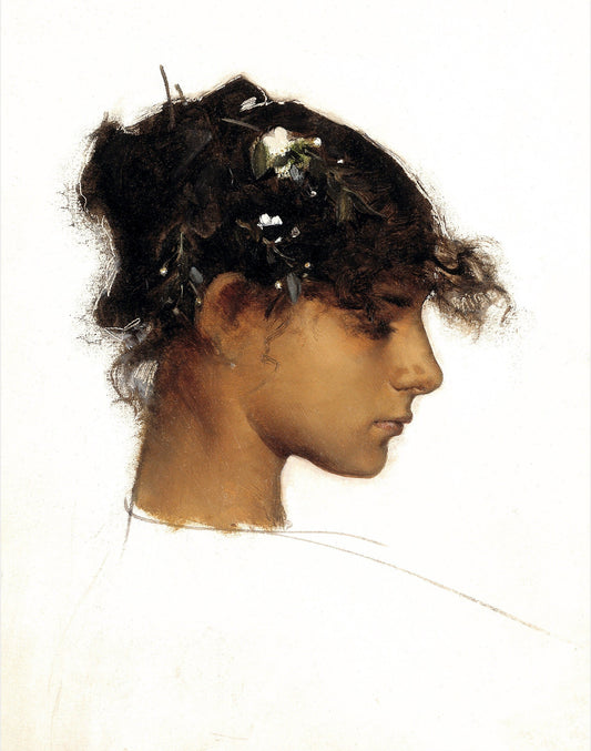 Young woman with flowers in hair | Head of a Capri girl | Rosina Ferrara | Exotic beauty | Greek, Italian history | Potraiture wall art (whitespace trimmed)