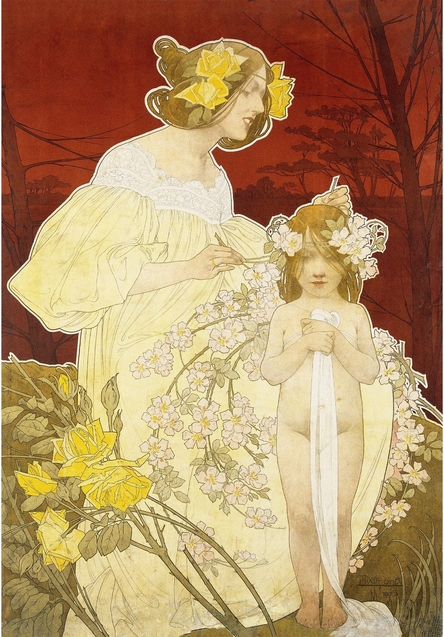 Woman, girl with hair garland | Garden of yellow & pink flowers | Feminine art print | Woman's palace | Art nouveau wall art (whitespace trimmed)