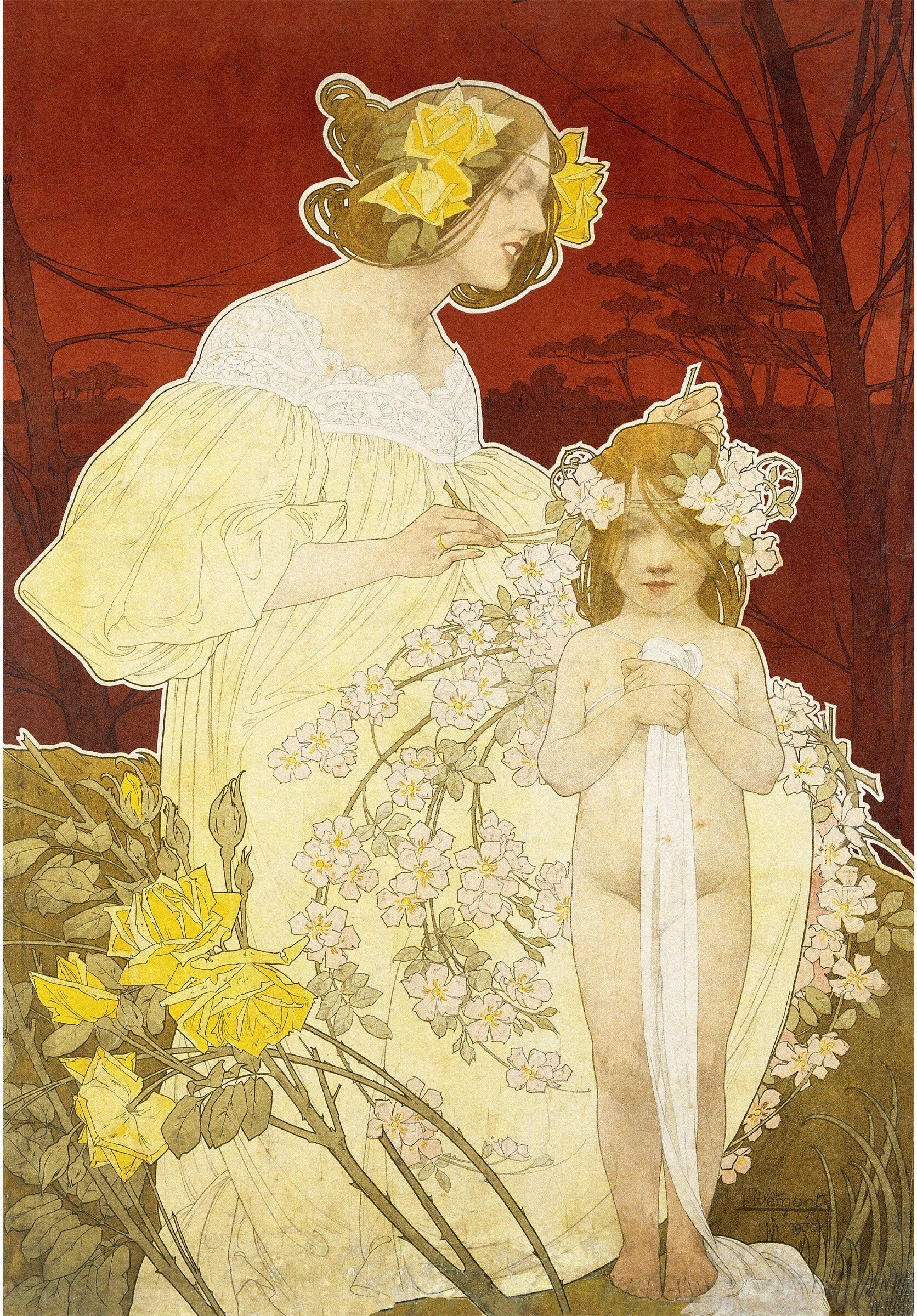 Woman, girl with hair garland | Garden of yellow & pink flowers | Feminine art print | Woman's palace | Art nouveau wall art (whitespace trimmed)