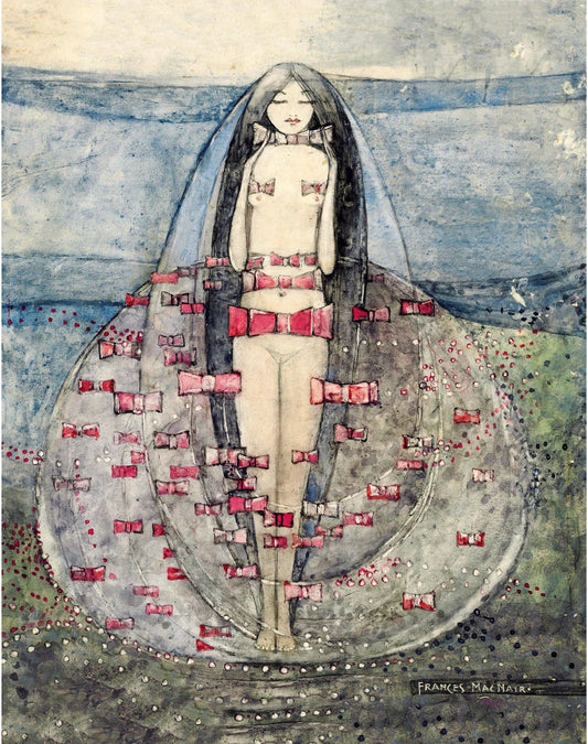 Young woman with red & pink bows | Vintage female nude | Art nouveau wall art | Frances Macdonald MacNair | Female artist (whitespace trimmed)