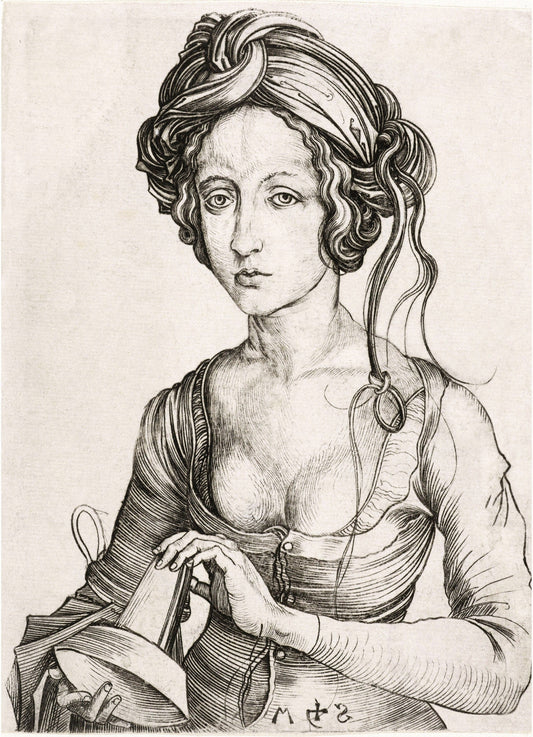 A fine art black and white print of a 15th century portrait, featuring a woman with a contemplative expression, dressed in a vintage fashion, holding a veil or a cloth. (whitespace trimmed)