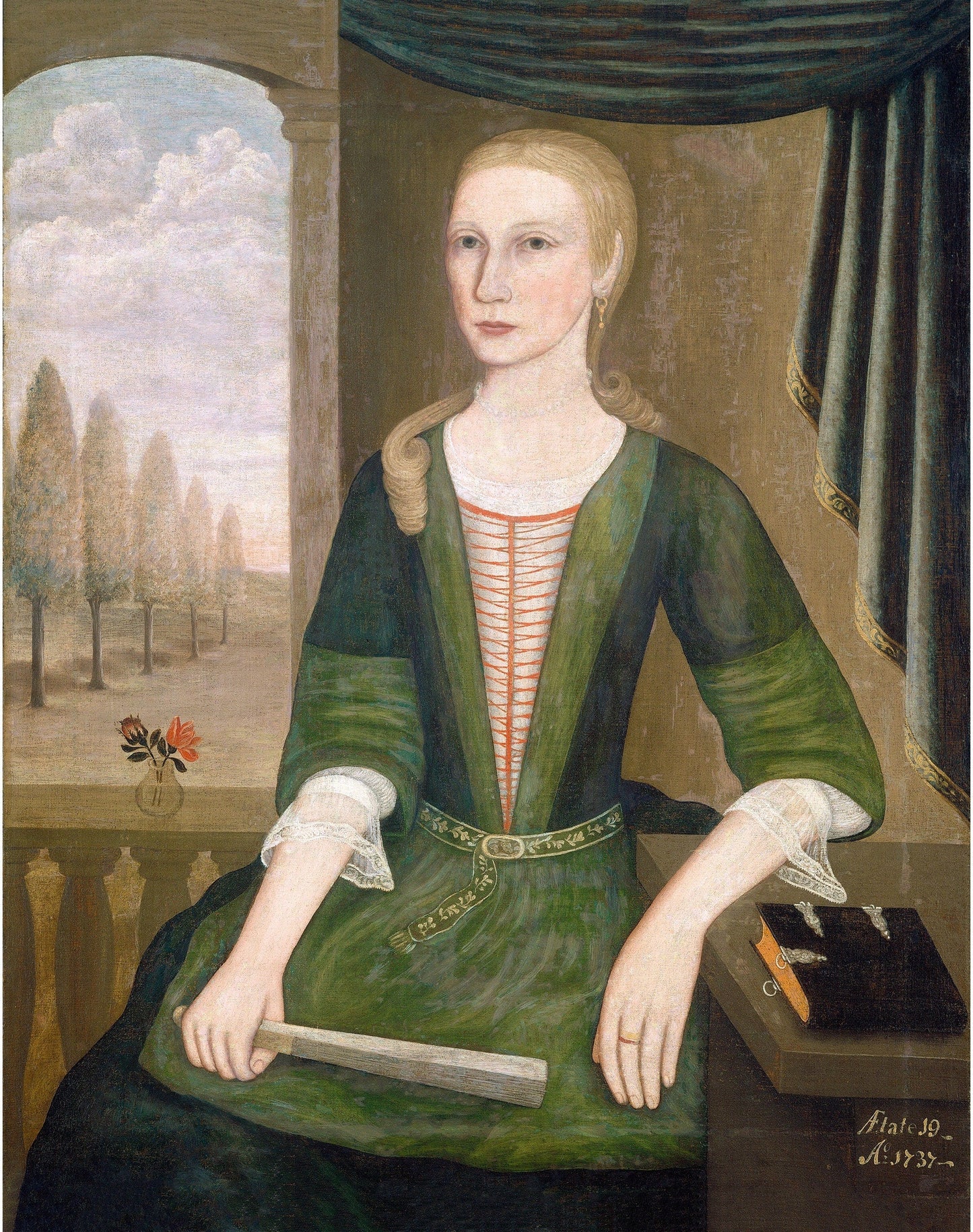 American folk art portrait | Young Lady with a Fan | Vintage woman in green dress | Americana wall art | 18th century fashion plate (whitespace trimmed)