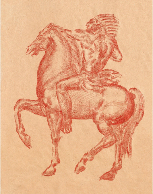 Native American on horseback drawing | American artist Ivan Meštrović | Crayon on cardboard art print | 19th century Indigenous wall art (whitespace trimmed)