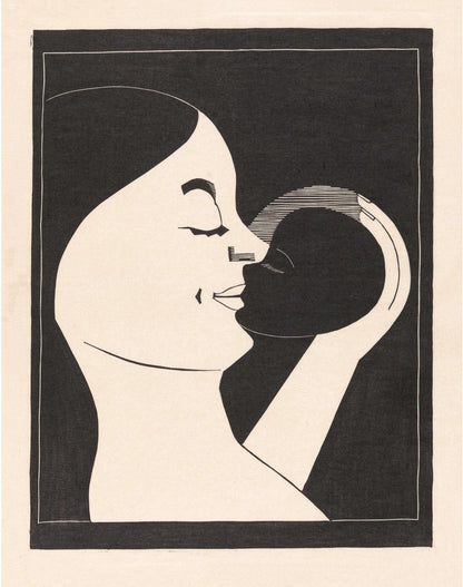 Mother and Child fine art print | Art nouveau woodcut | Woodblock wall art | Minimalist black and white decor | Samuel Jessurun de Mesquita (whitespace trimmed)