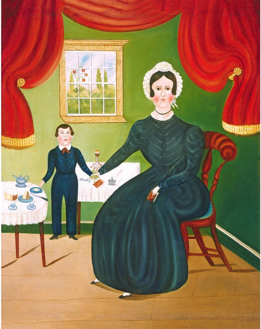 American folk art portrait | Mother and son | Americana wall art | Primitive, Naive fine art | 19th century fashion plate | Kitchen decor (whitespace trimmed)