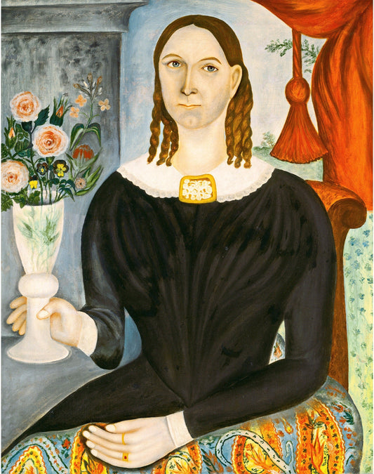 American folk art portrait | Vintage woman holding flowers | Naive painting | Americana wall art | 19th cent. fashion plate | Thomas Skynner (whitespace trimmed)