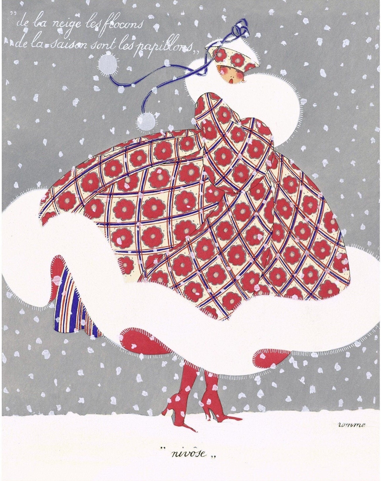 Vintage French fashion | Snow Flakes are the Butterflies of the Season | Paris fashion plate | Christmas art deco art | Female artist (whitespace trimmed)