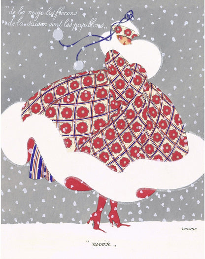 Vintage French fashion | Snow Flakes are the Butterflies of the Season | Paris fashion plate | Christmas art deco art | Female artist (whitespace trimmed)