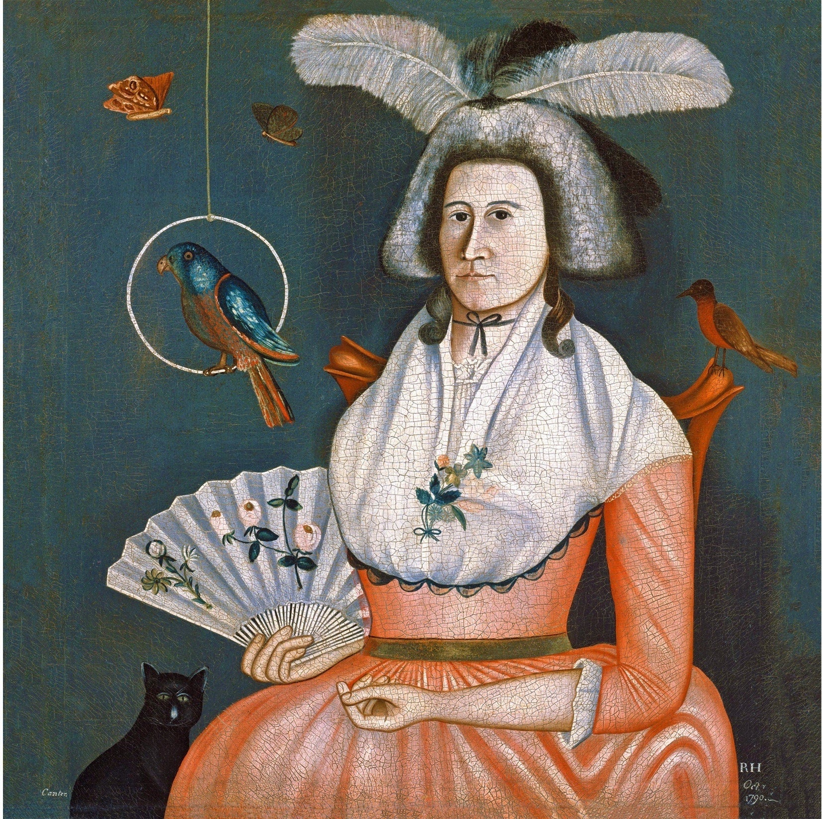 American folk art portrait | Woman with her pets | Birds, butterflies & cat art | Americana wall art | 18th century fashion | Rufus Hathaway (whitespace trimmed)