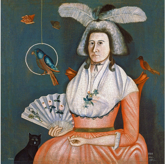 American folk art portrait | Woman with her pets | Birds, butterflies & cat art | Americana wall art | 18th century fashion | Rufus Hathaway (whitespace trimmed)