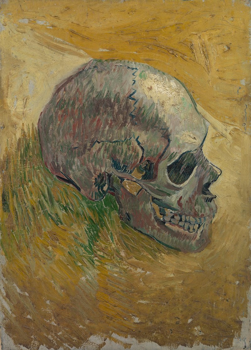 A printed artwork of Vincent van Gogh's Skull II, featuring a stylized skull with a yellow background.