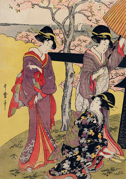 Gotenyama no Hanami Hidari (Tres geishas en el jardín de los cerezos en flor) de Utamaro Kitagawa