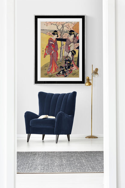 Gotenyama no Hanami Hidari (Tres geishas en el jardín de los cerezos en flor) de Utamaro Kitagawa