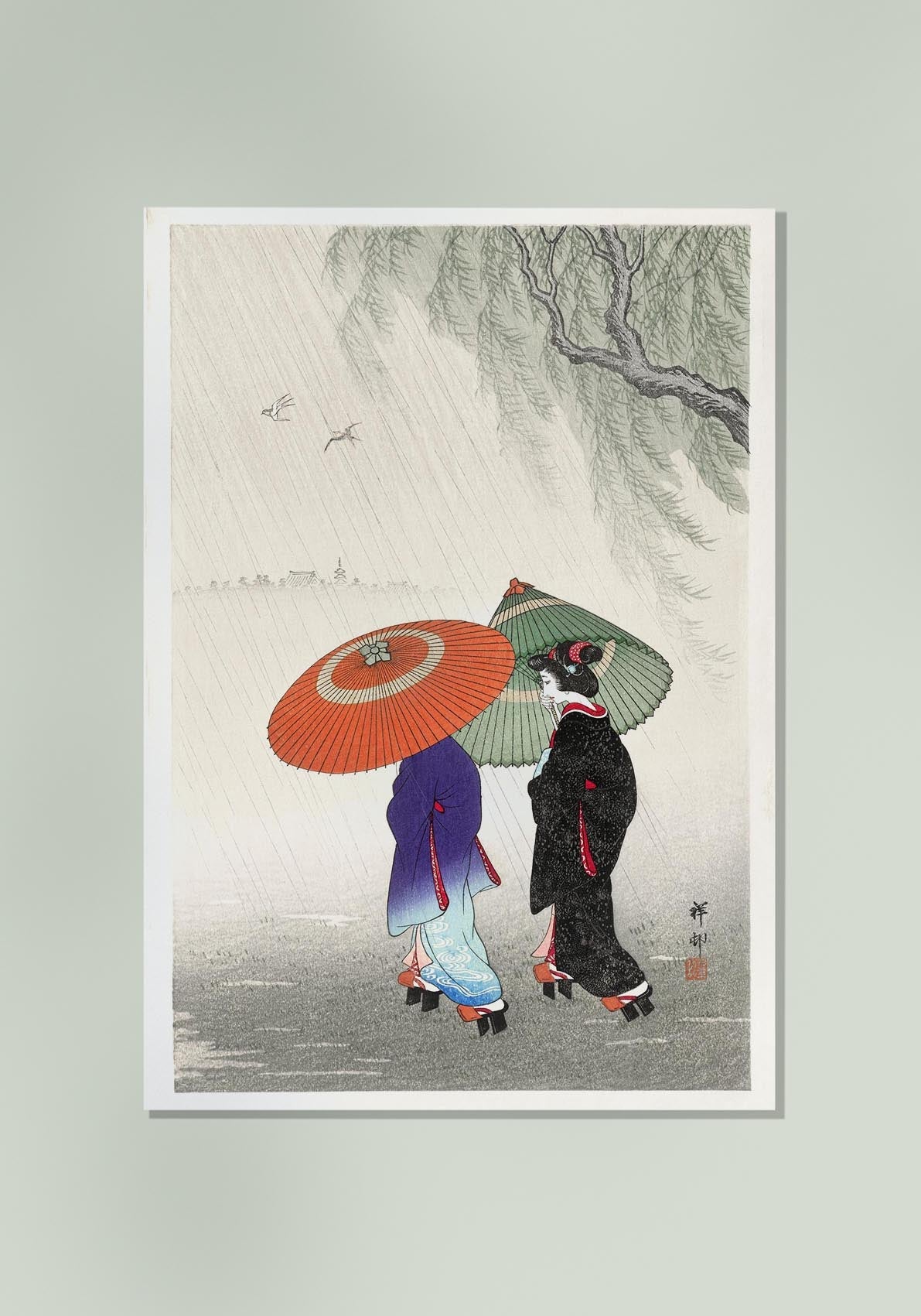 Dos mujeres bajo la lluvia de Ohara Koson