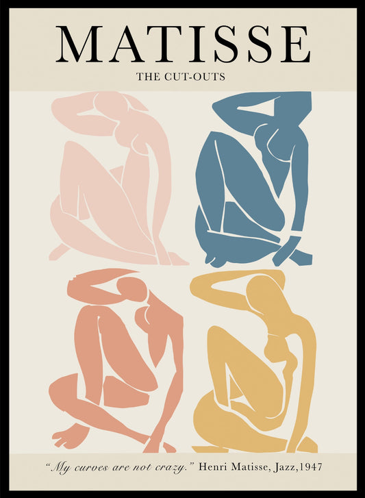 A poster featuring multiple silhouettes of a nude figure in various poses, colored in shades of blue, beige, and yellow, indicative of Henri Matisse's art style.