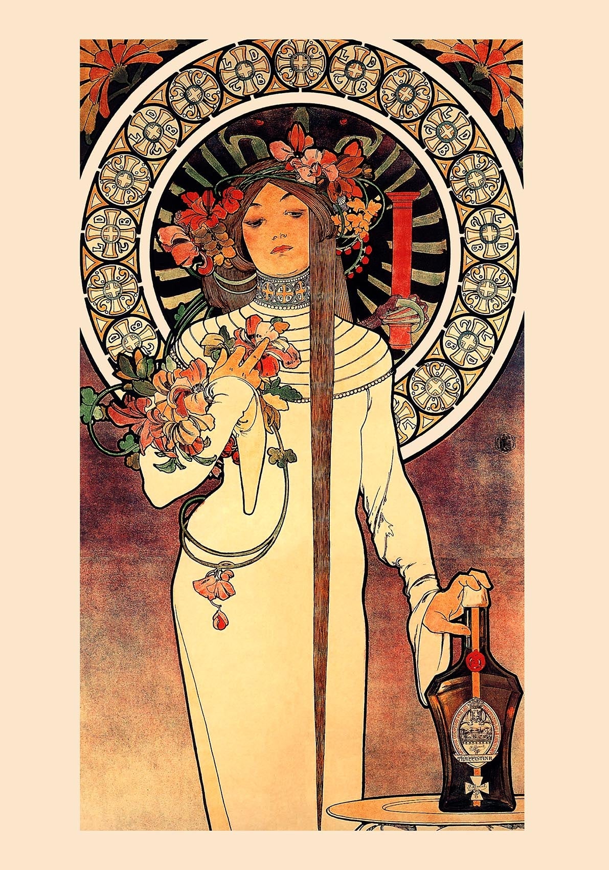 A vintage-style poster featuring a stylized woman with flowing red hair, holding a glass bottle, surrounded by a decorative floral wreath.
