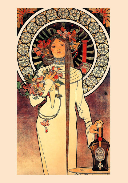 A vintage-style poster featuring a stylized woman with flowing red hair, holding a glass bottle, surrounded by a decorative floral wreath.