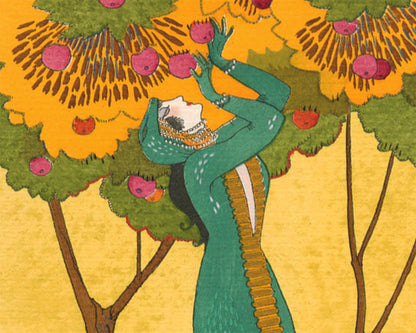 Moda francesa vintage | Mujer recogiendo manzanas | Ilustración de moda de los años 20 | Arte de estilo art déco | Impresión artística giclée | Regalo ecológico