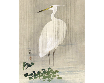 Vintage egret fine art print | Bird in grey rain | Japanese art | Art nouveau animal woodcut | Ohara Koson | Animal wall art
