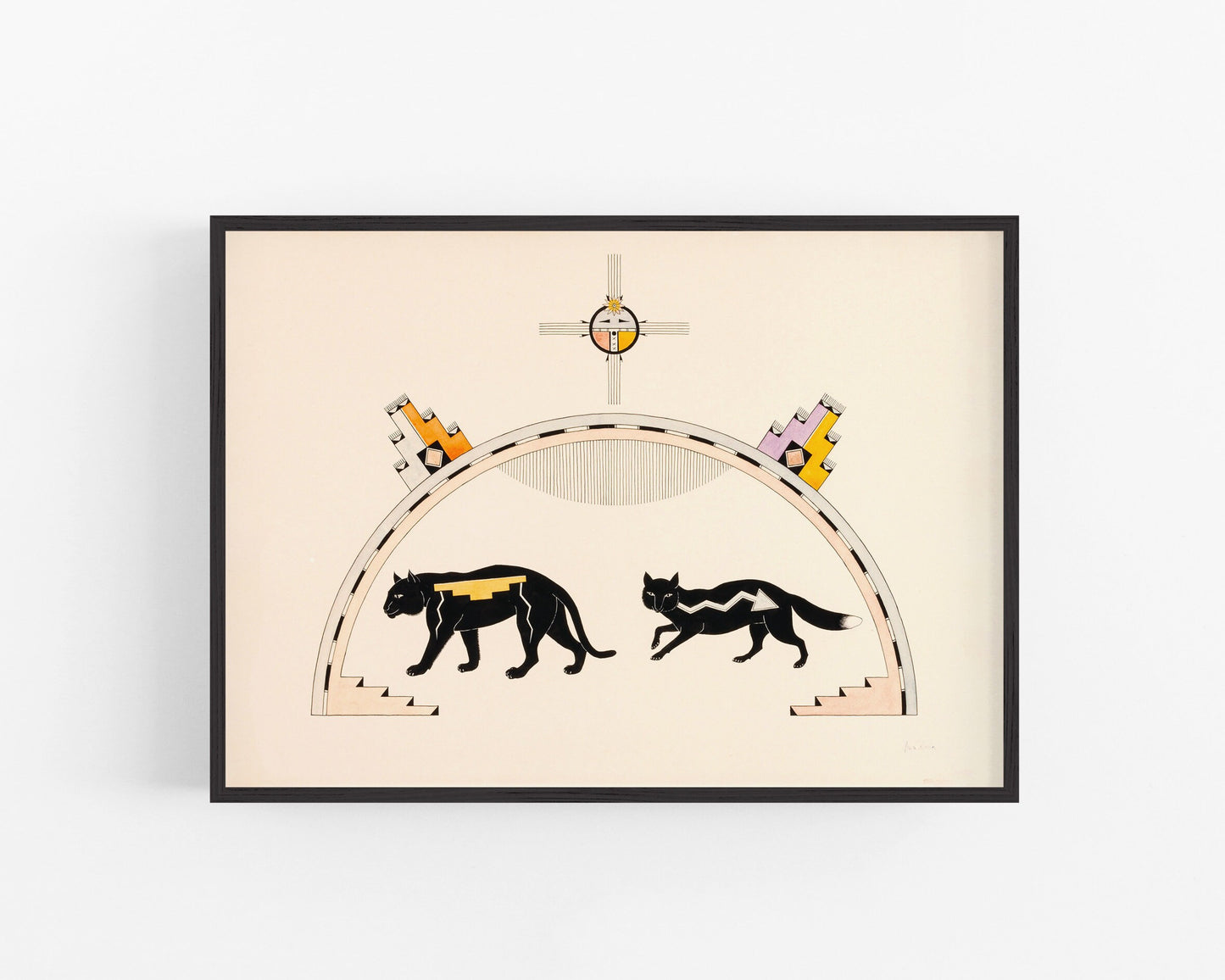Vintage Awa Tsireh art print | Pueblo Indian black mountain lion and fox | Southwestern style painting | Eco-friendly gift