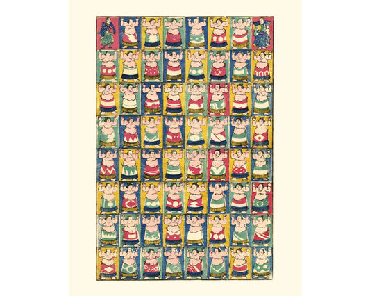 A colorful art print featuring a grid of Sumo wrestler illustrations in various poses on a light background.