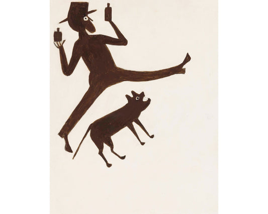 A black and white art print featuring a stylized man in a hat drinking from a bottle and a dog beside him.