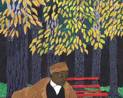 Man on a park bench | White squirrel | American folk art | Horace Pippin | Black Americana art | African American artist | Outsider wall art