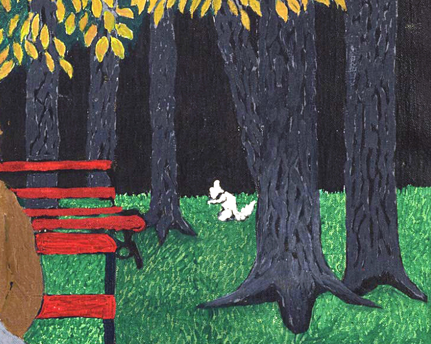 Man on a park bench | White squirrel | American folk art | Horace Pippin | Black Americana art | African American artist | Outsider wall art