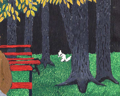 Man on a park bench | White squirrel | American folk art | Horace Pippin | Black Americana art | African American artist | Outsider wall art