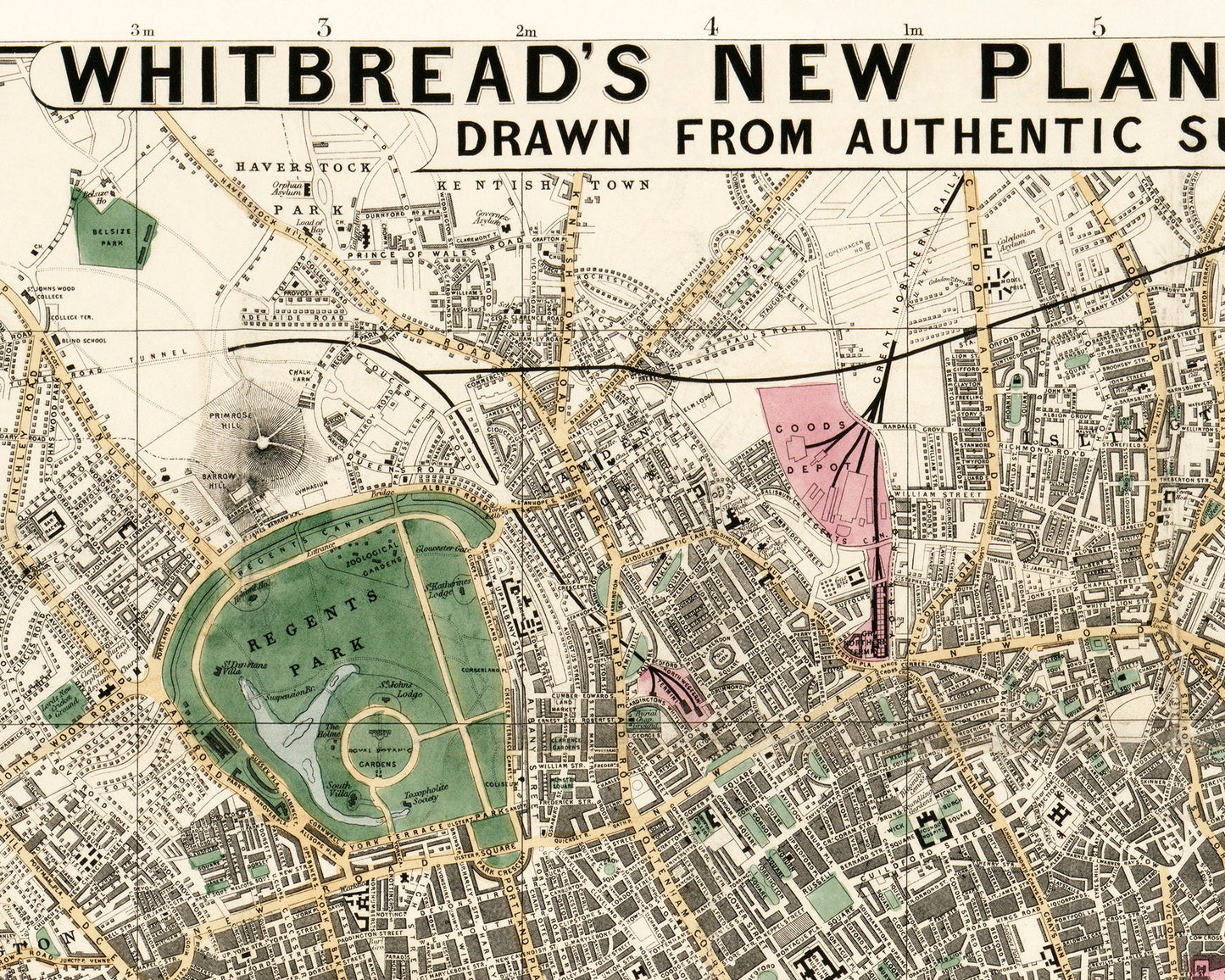 Mapa antiguo de Londres | Hyde Park, Kensington Gardens, Regents Park, río Támesis | Cartografía británica antigua | Arte mural para viajeros