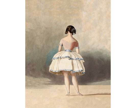 A vintage-style ballet dancer print, featuring a woman in a 19th century white and blue ballet costume, poised on one leg.