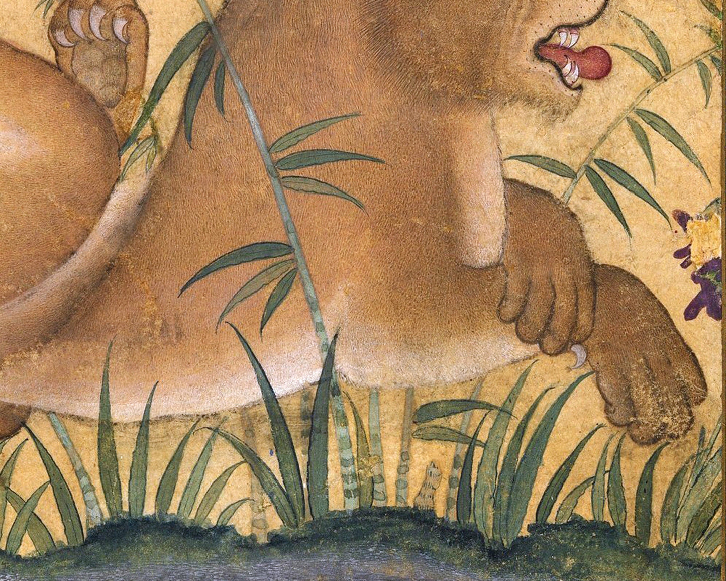 Cuadro antiguo de león entre flores | Historia natural del siglo XVII | Arte mural antiguo de animales y naturaleza | Pintor indio Ustad Mansur