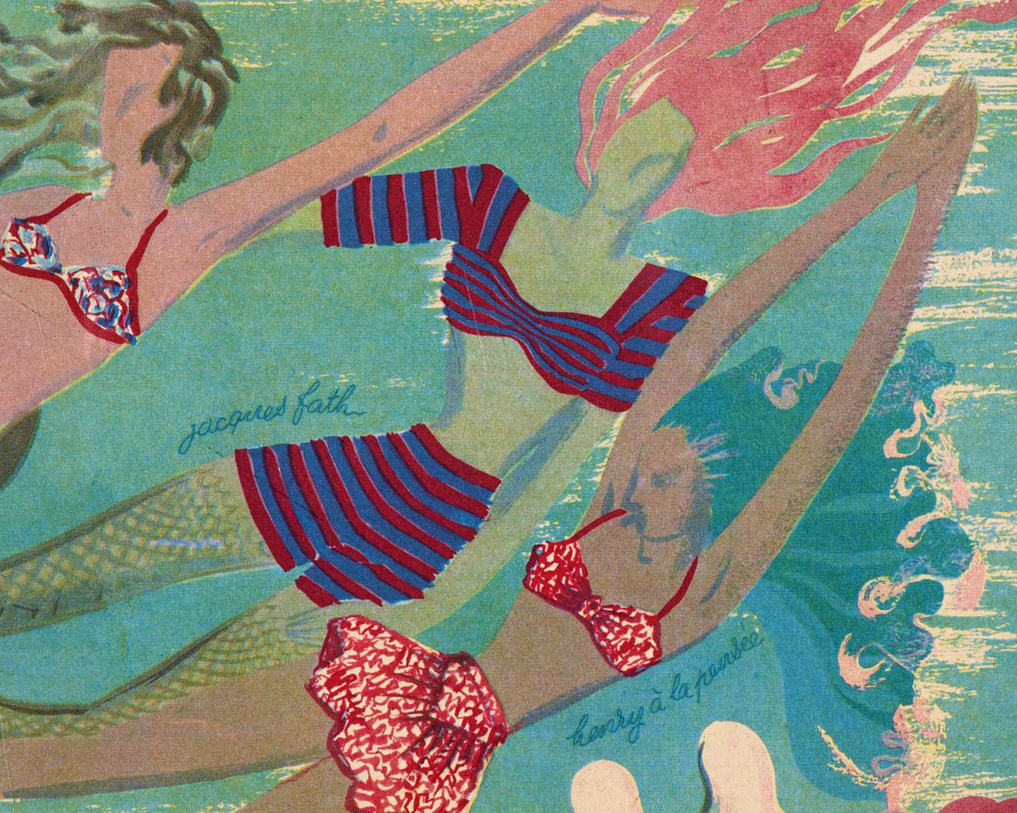 Ilustración vintage de sirena francesa | Mujeres en el agua | Revista La Femme | Arte mural de cabaña, lago y baño