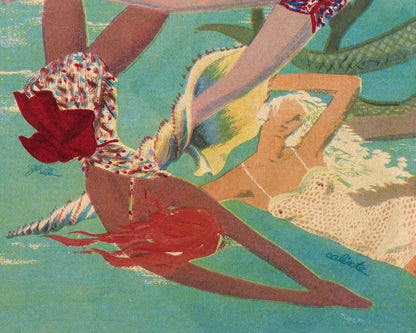 Ilustración vintage de sirena francesa | Mujeres en el agua | Revista La Femme | Arte mural de cabaña, lago y baño