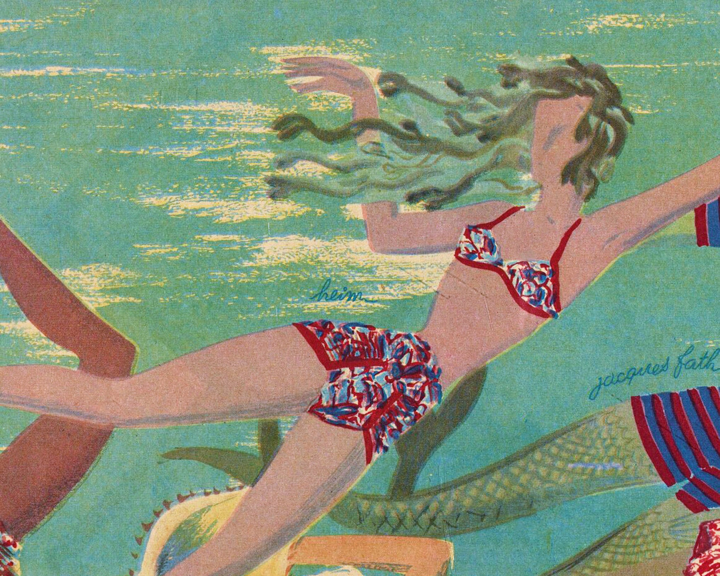 Ilustración vintage de sirena francesa | Mujeres en el agua | Revista La Femme | Arte mural de cabaña, lago y baño
