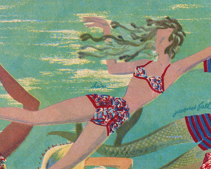Ilustración vintage de sirena francesa | Mujeres en el agua | Revista La Femme | Arte mural de cabaña, lago y baño