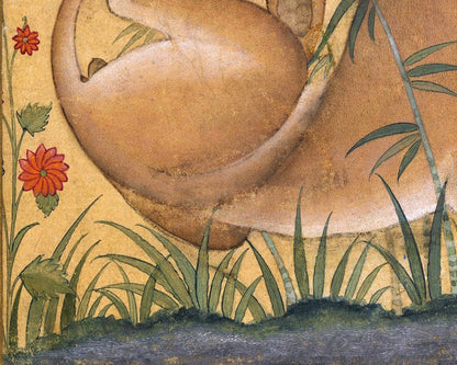 Cuadro antiguo de león entre flores | Historia natural del siglo XVII | Arte mural antiguo de animales y naturaleza | Pintor indio Ustad Mansur