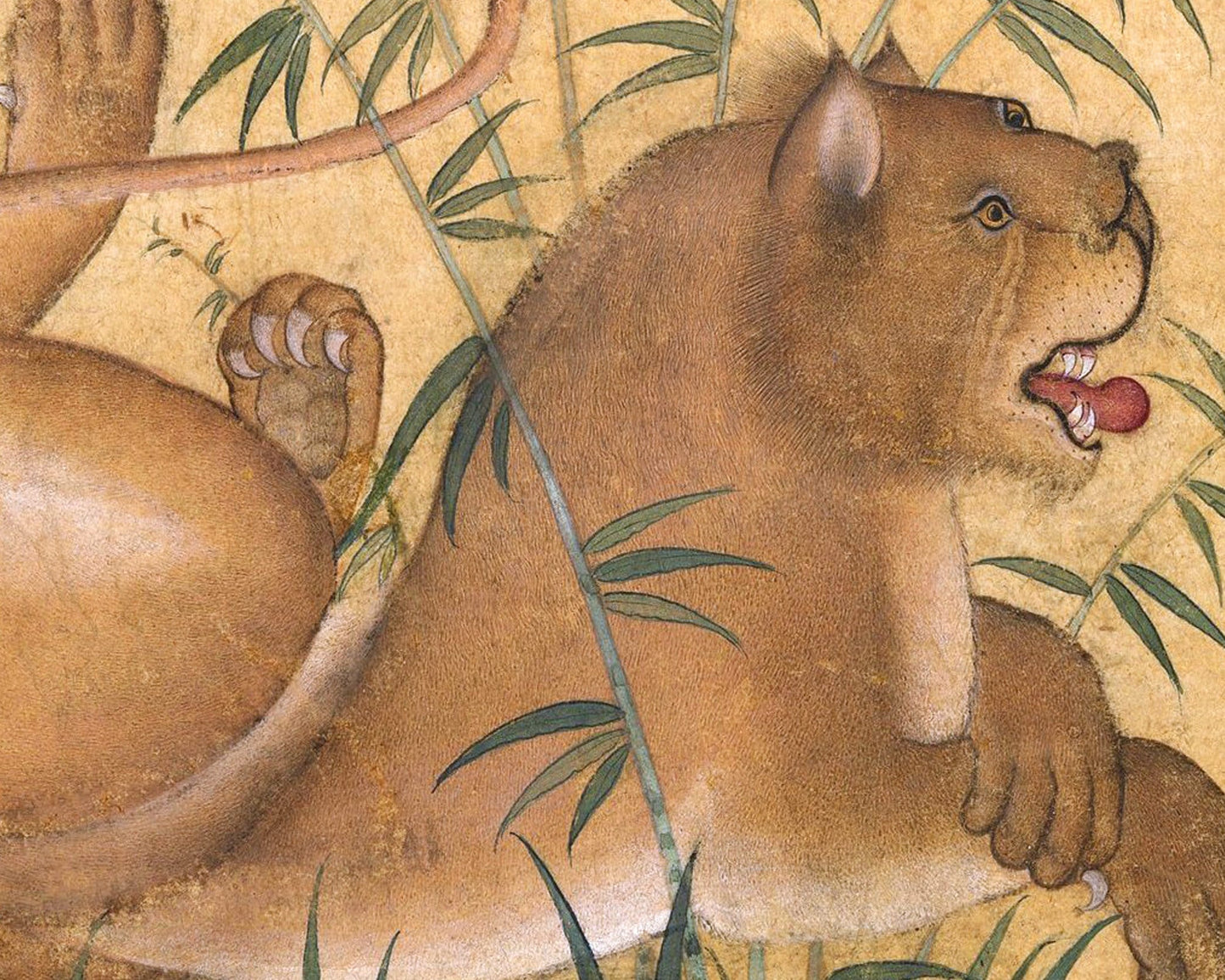 Cuadro antiguo de león entre flores | Historia natural del siglo XVII | Arte mural antiguo de animales y naturaleza | Pintor indio Ustad Mansur