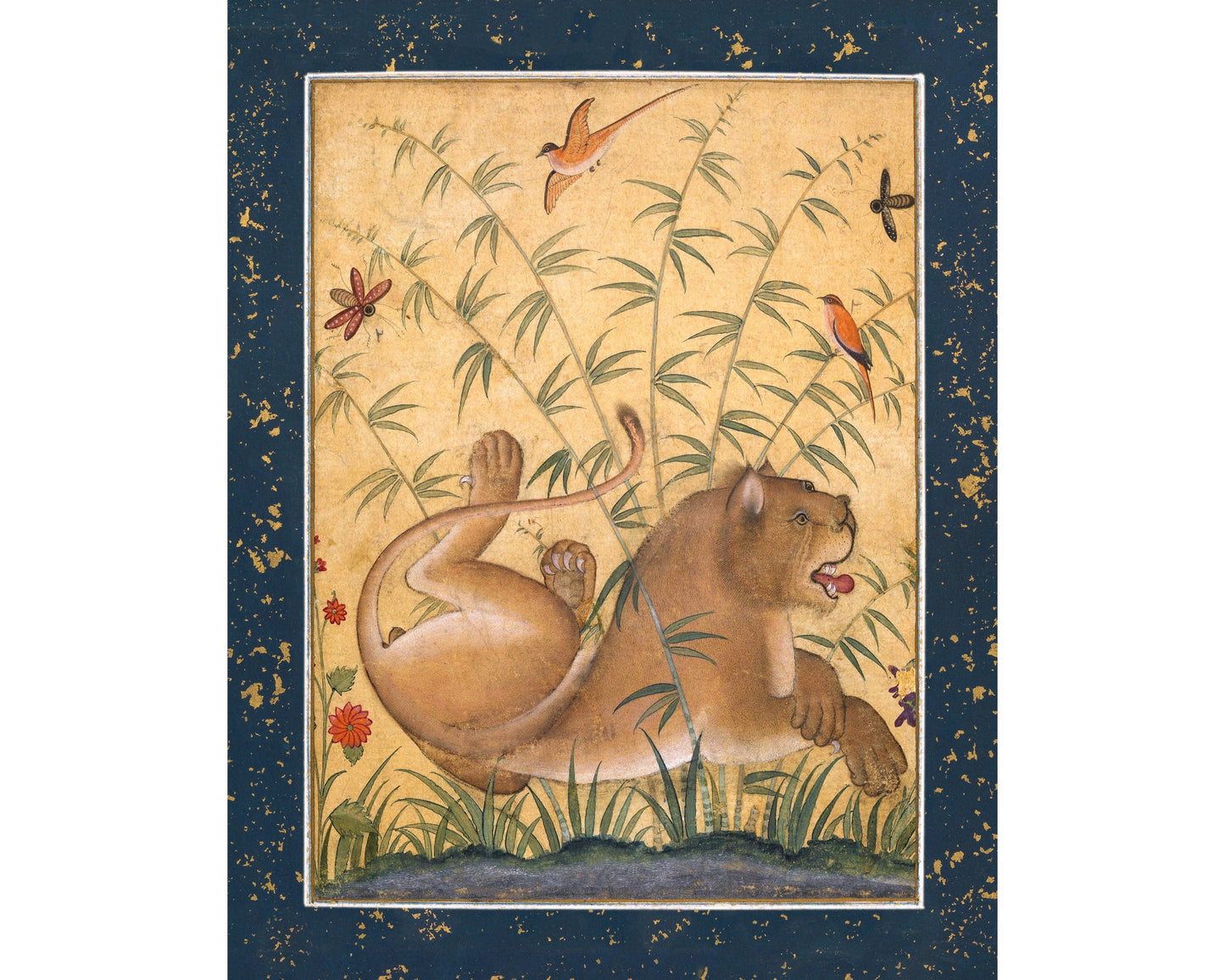 A vintage painting of a lion in a floral setting, predominantly in gold, orange, and green tones, on a blue background.