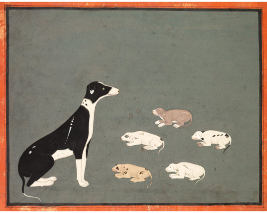 Lámina de perro y cachorro | Perro con cachorros | Pintura de animales antigua | Arte mural de mascotas | Arte asiático | Arte canino en blanco y negro | Artista indio