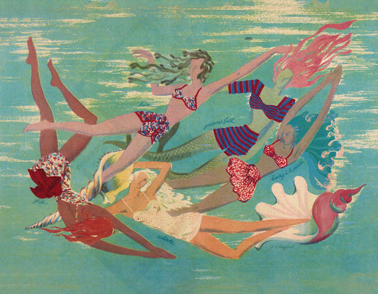 Ilustración vintage de sirena francesa | Mujeres en el agua | Revista La Femme | Arte mural de cabaña, lago y baño