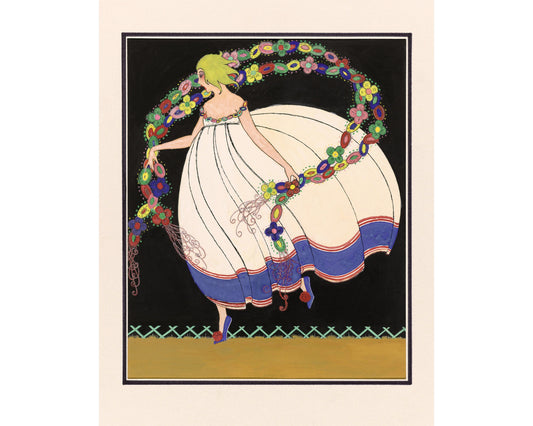 A vintage fashion plate illustration of a girl dancing with colorful garlands, surrounded by a black background.