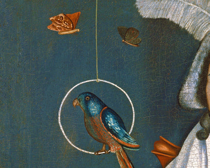 Retrato de arte popular estadounidense | Mujer con sus mascotas | Arte con pájaros, mariposas y gatos | Arte mural americano | Moda del siglo XVIII | Rufus Hathaway