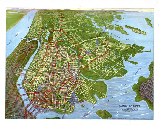 A vintage style map of the Bronx borough in New York, depicted from a bird's eye view, with a focus on the Bronx River and surrounding area.