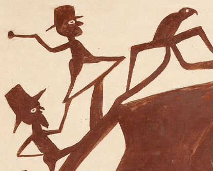 Arte americano de Bill Traylor | Figuras marrones persiguiendo un pájaro | Arte popular ingenuo | Arte mural marginal | Artista autodidacta afroamericano