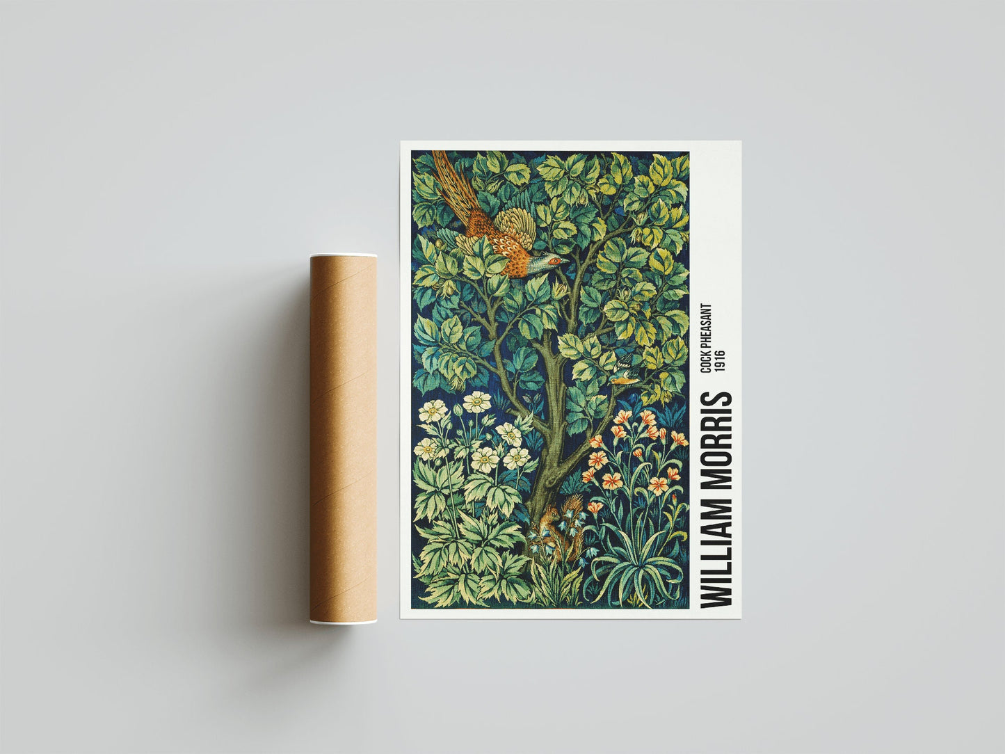 William Morris Cock Pheasant Exhibition Poster, William Morris Print, Art Nouveau, Cock Pheasant, Fabric Textured Background, Home Decor